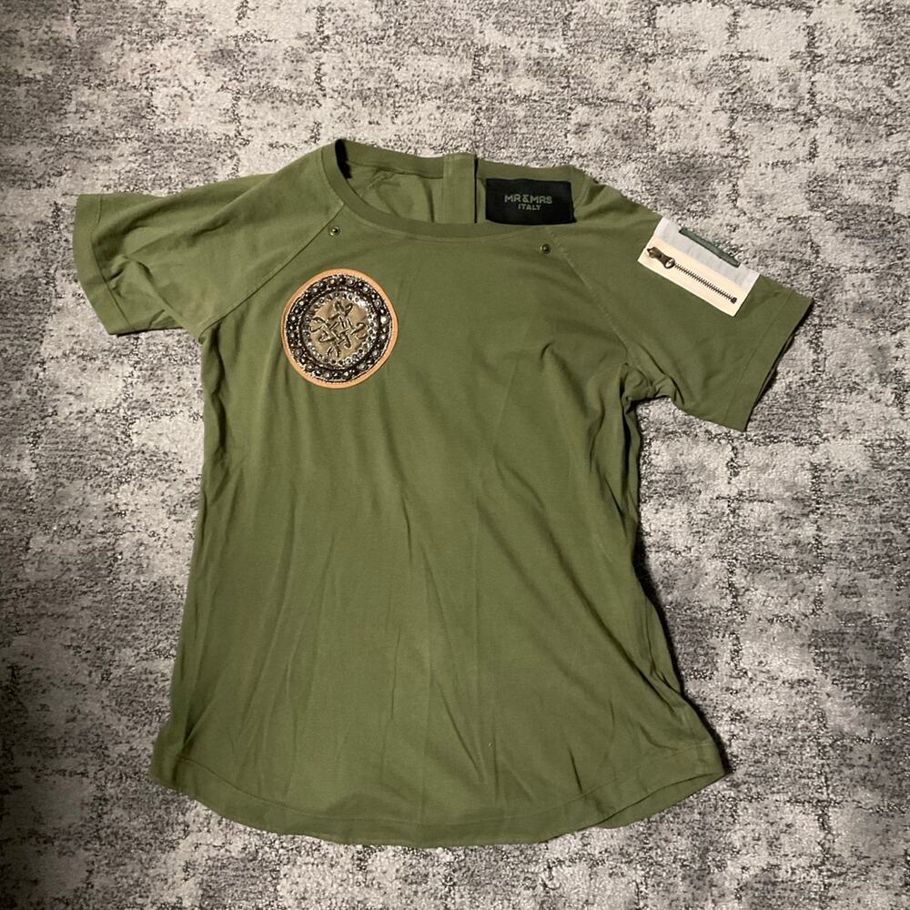 Mr. and Mrs. Italy, zip detailed cotton Tee , green with embroidery and jewel M‎